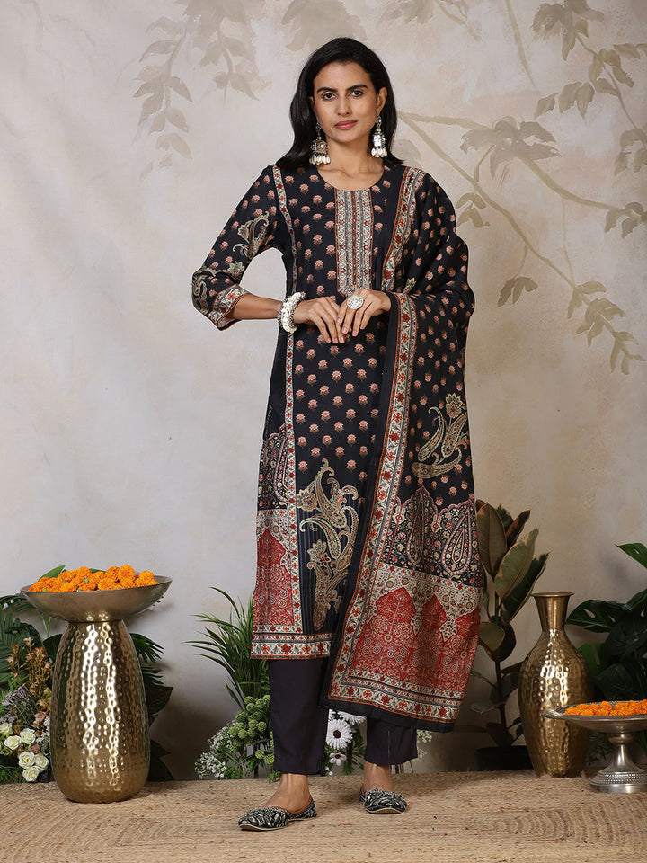 Printed Cotton Blend Kurta With Pants &amp; Dupatta