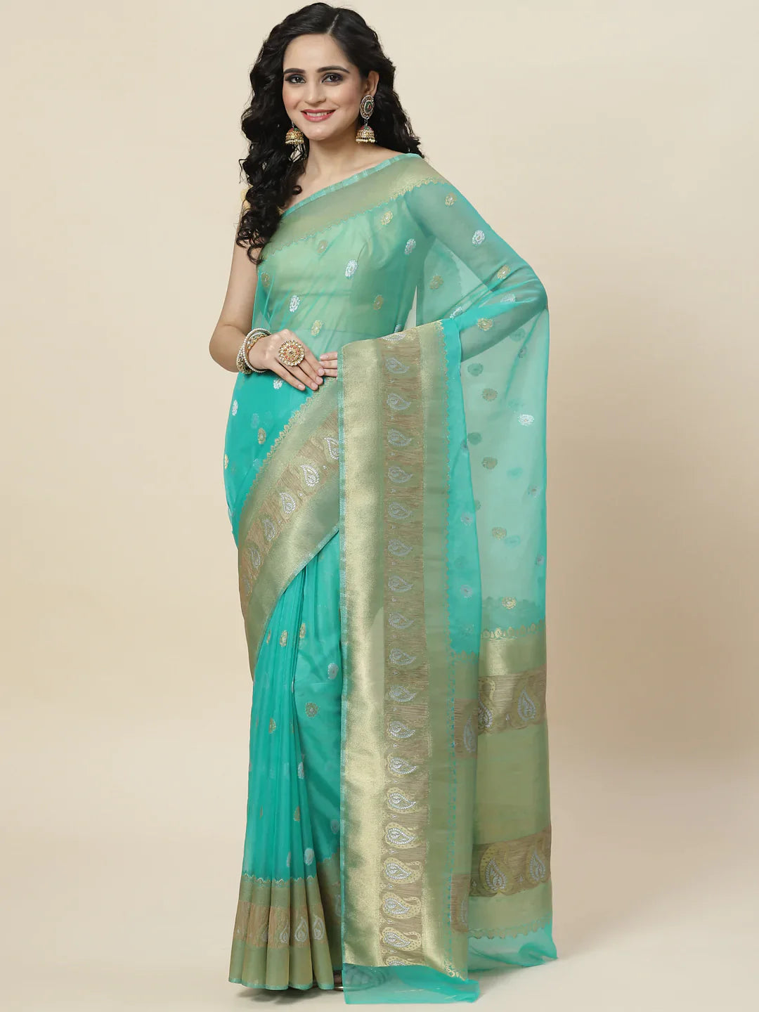 Zari Border Booti Organza Woven Saree