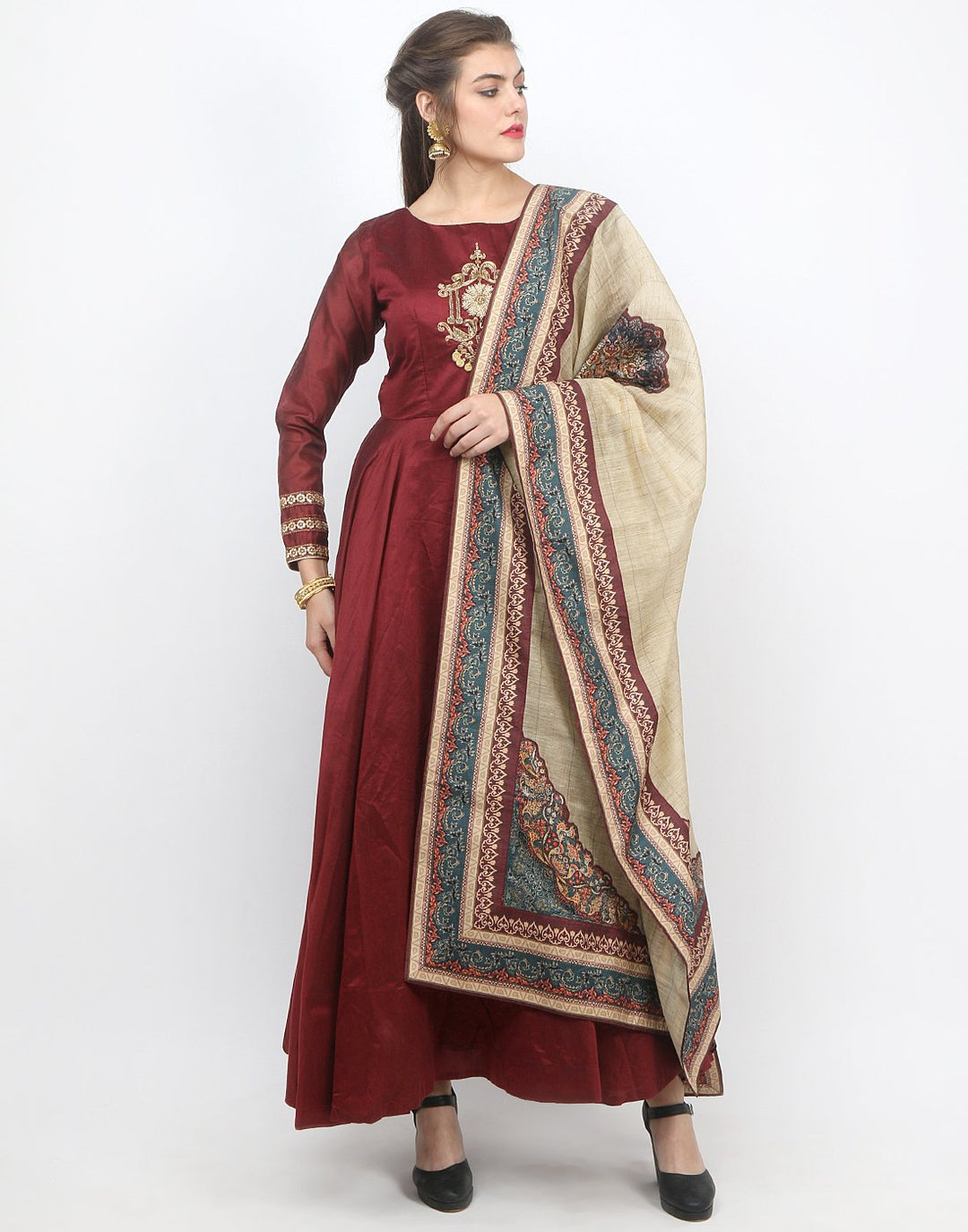 MBZ Meena Bazaar-Maroon Cotton Chanderi Salwar Kameez