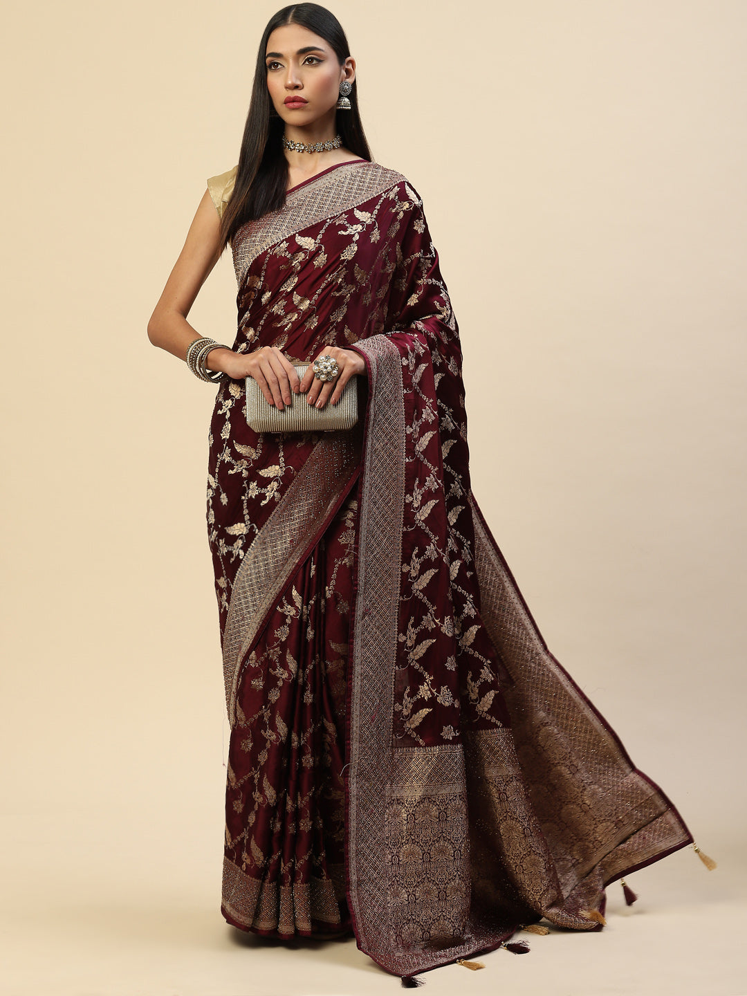 Floral Stone Jaal Satin Woven Saree