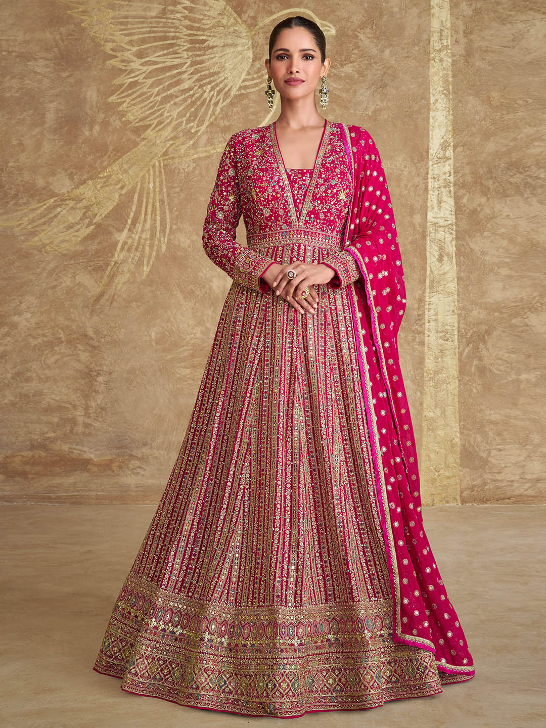 Embroidered Georgette Suit With Churidar Salwar &amp; Dupatta