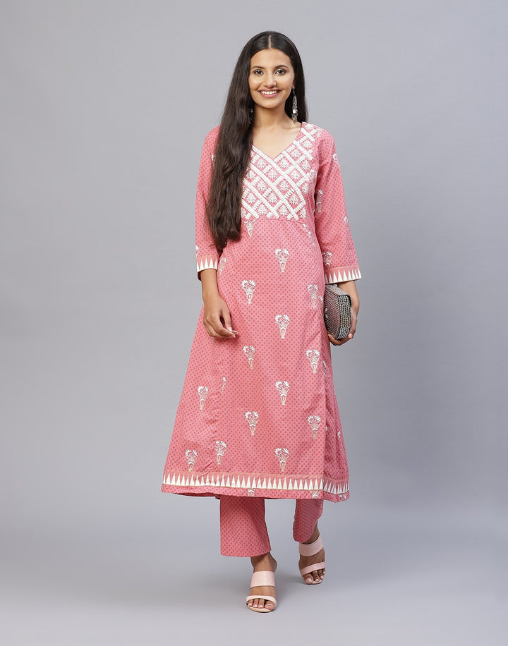 Yoke Embroidered Cotton Printed Kurti with Pant
