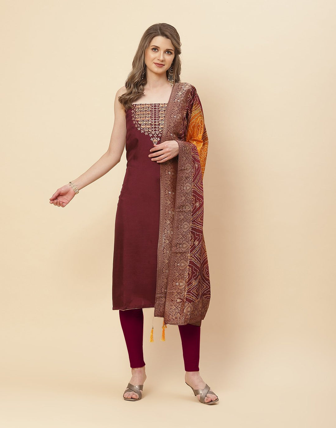 Embroidered Art Handloom Dupion Suit Piece With Bandhini Printed Dupatta