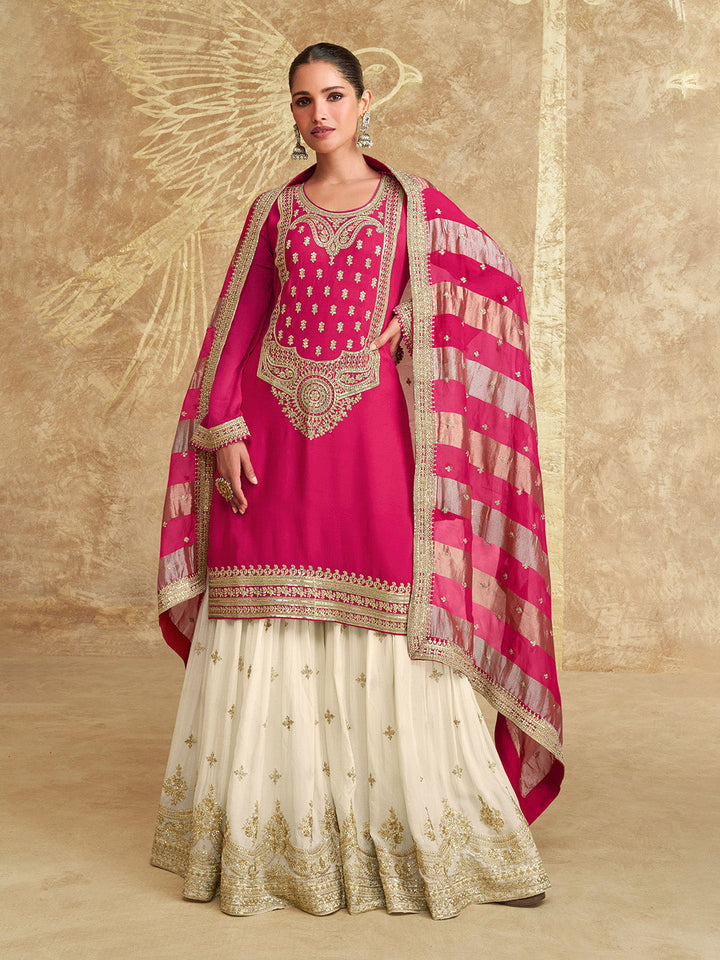 Embroidered Chinon Silk Kurta With Skirt &amp; Dupatta