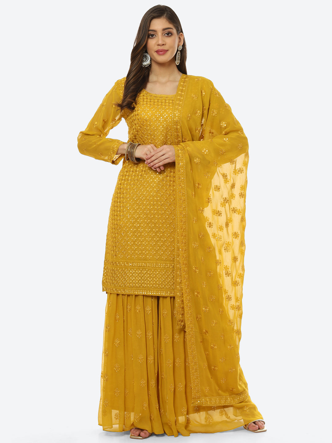 Resham Sequin Booti Georgette kurti With Garara &amp; Dupatta