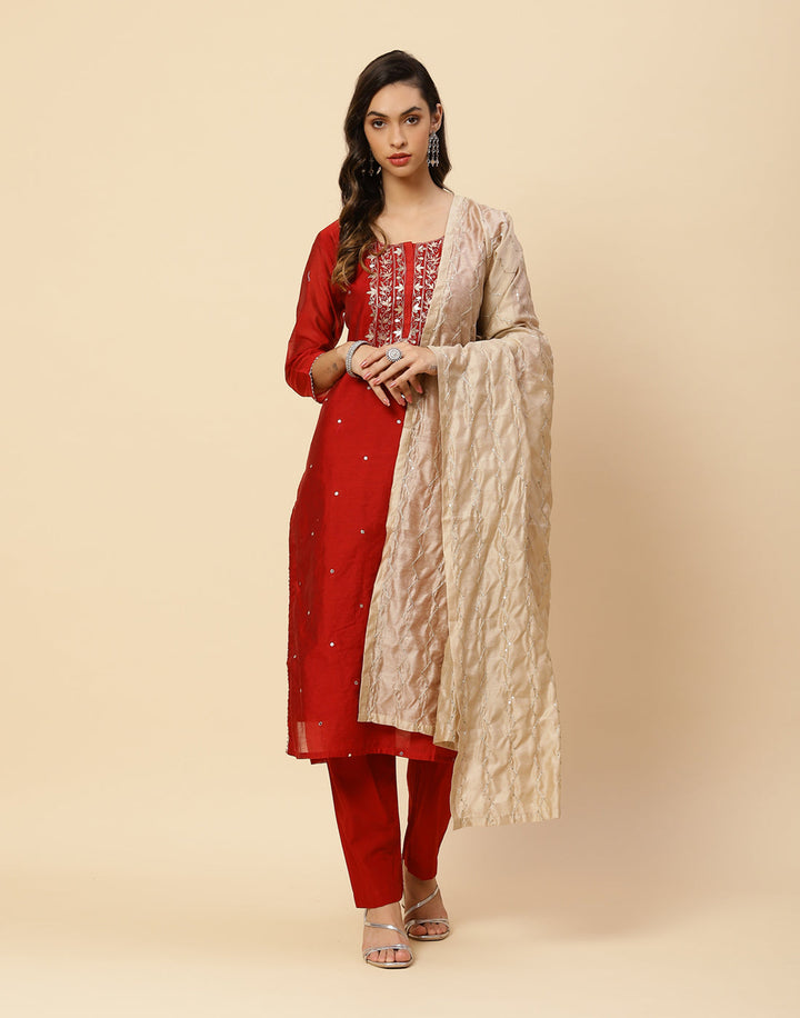 Embroidered Gota Work Cotton Salwar Kameez Stitched Suit With Chanderi Dupatta