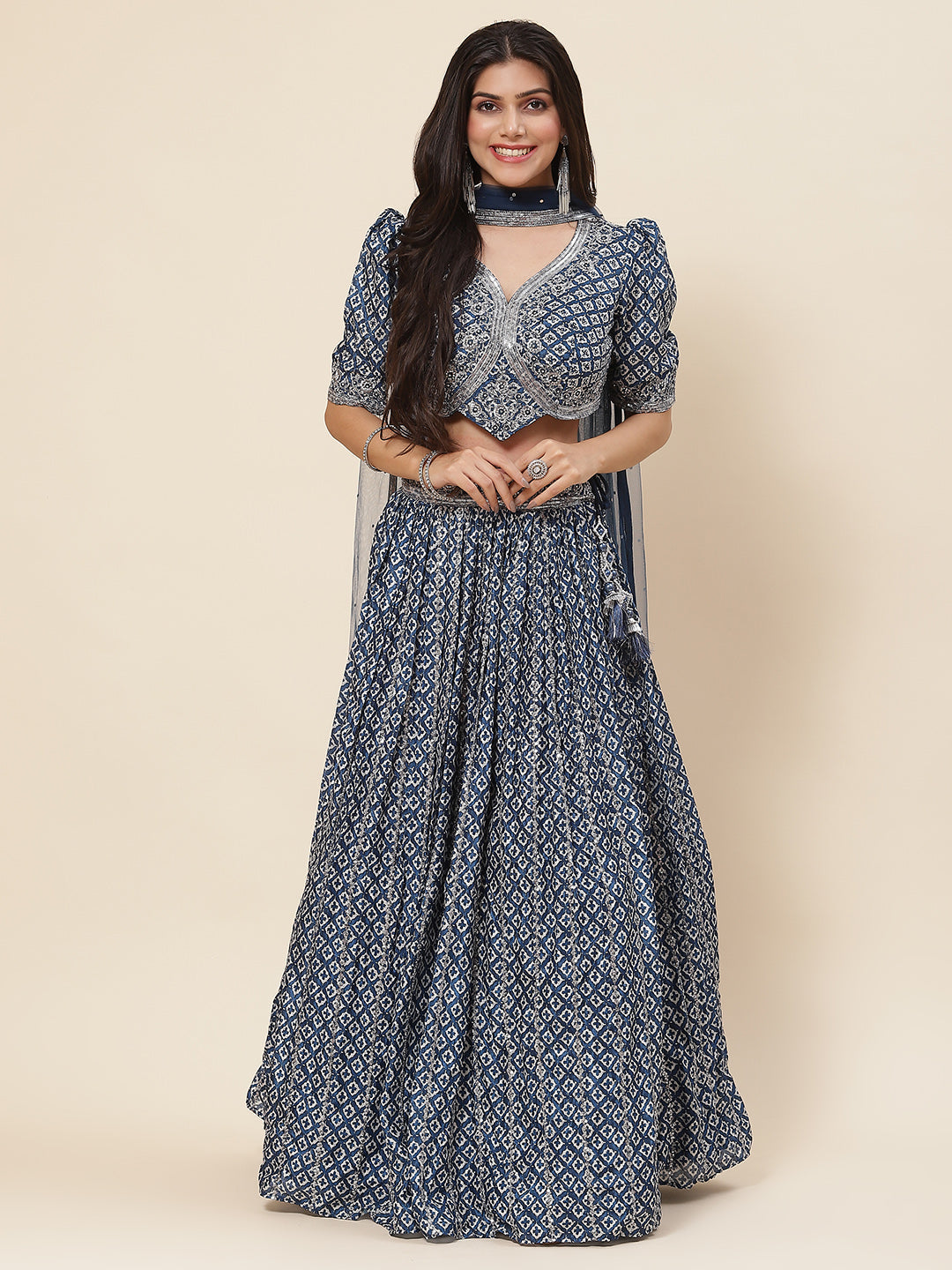 Printed Sequin Embroidered Crepe Choli With Lehenga &amp; Net Dupatta