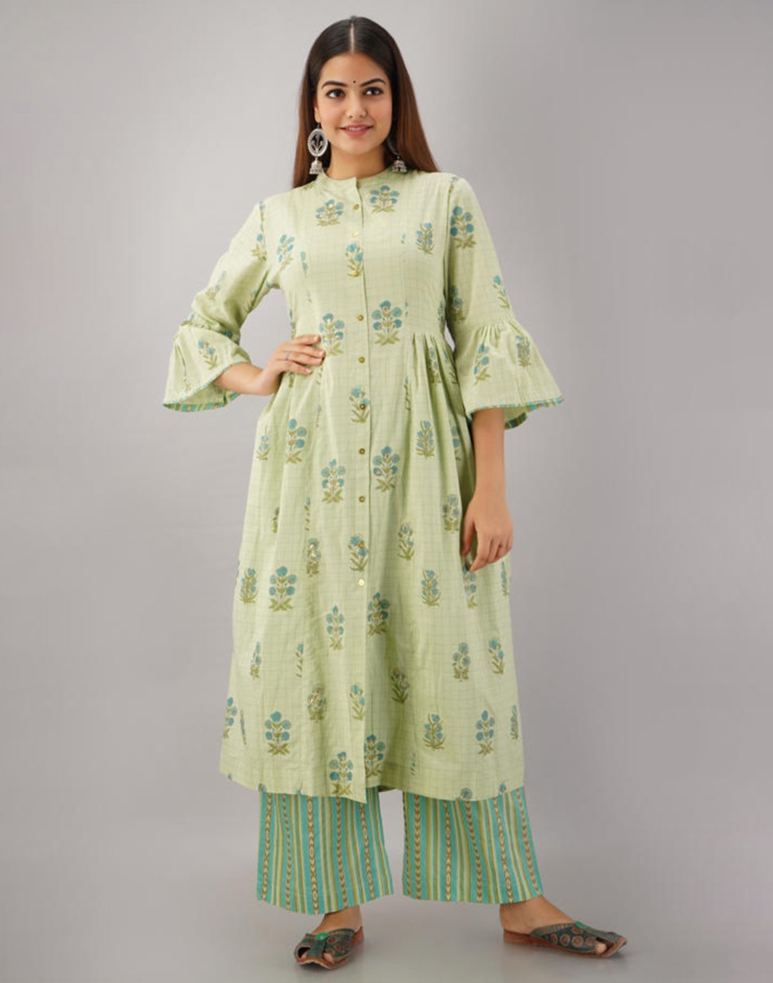 Printed Cotton Anarkali Kurti With Bell Sleeves And Pant