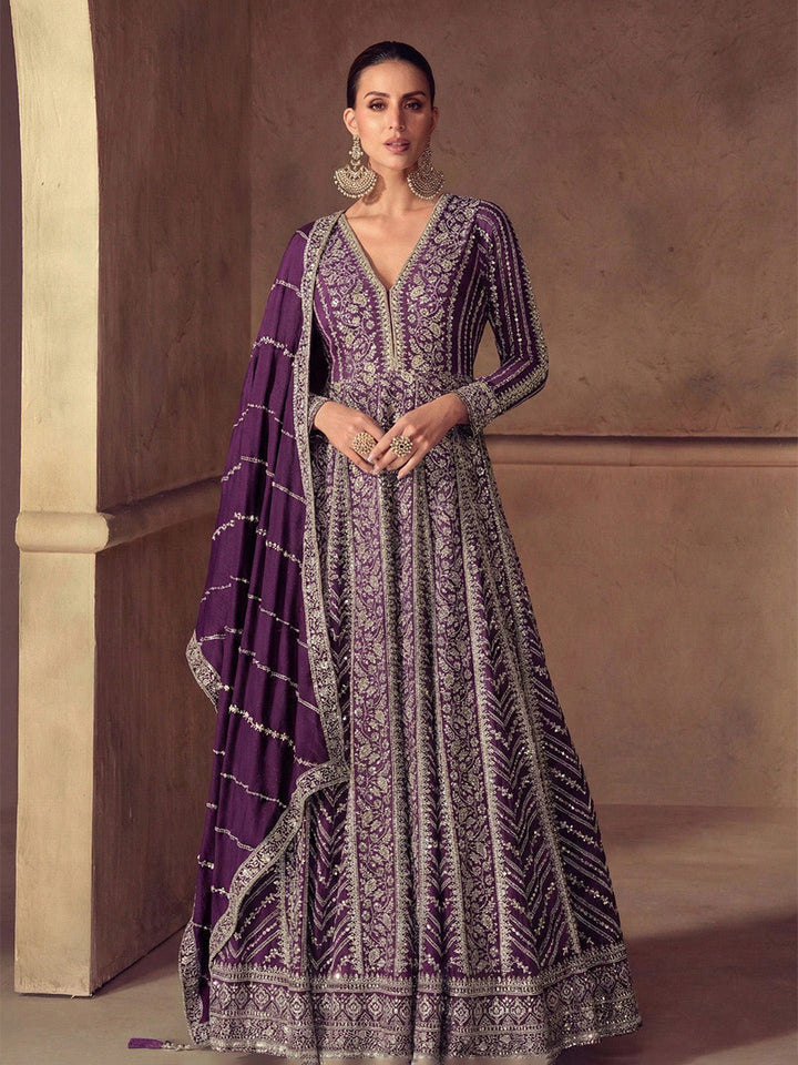 Embroidered Chinnon Silk A Line Dress With Dupatta