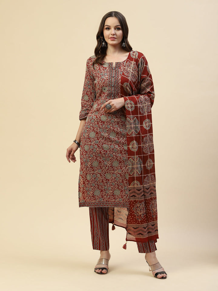 Printed Cotton Kurta With Pant &amp; Cotton Dupatta