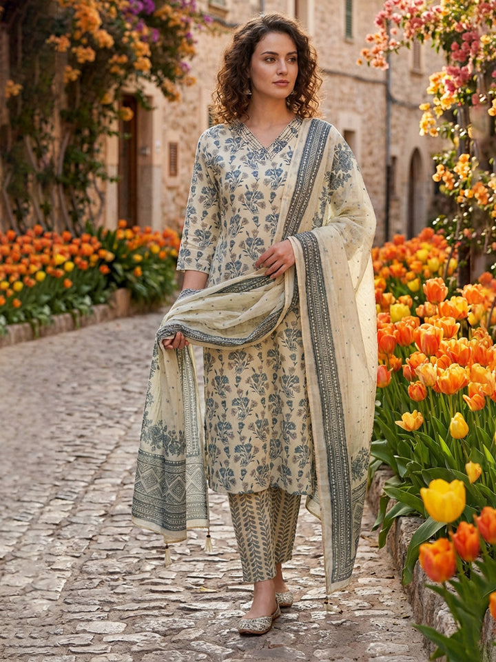 Printed Cotton Blend Suit With Pant &amp; Dupatta