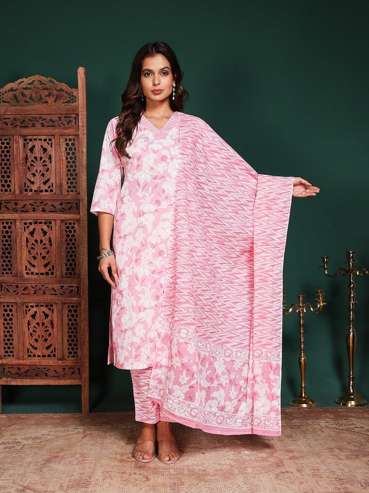 Printed Cotton Blend Kurta With Pant &amp; Dupatta