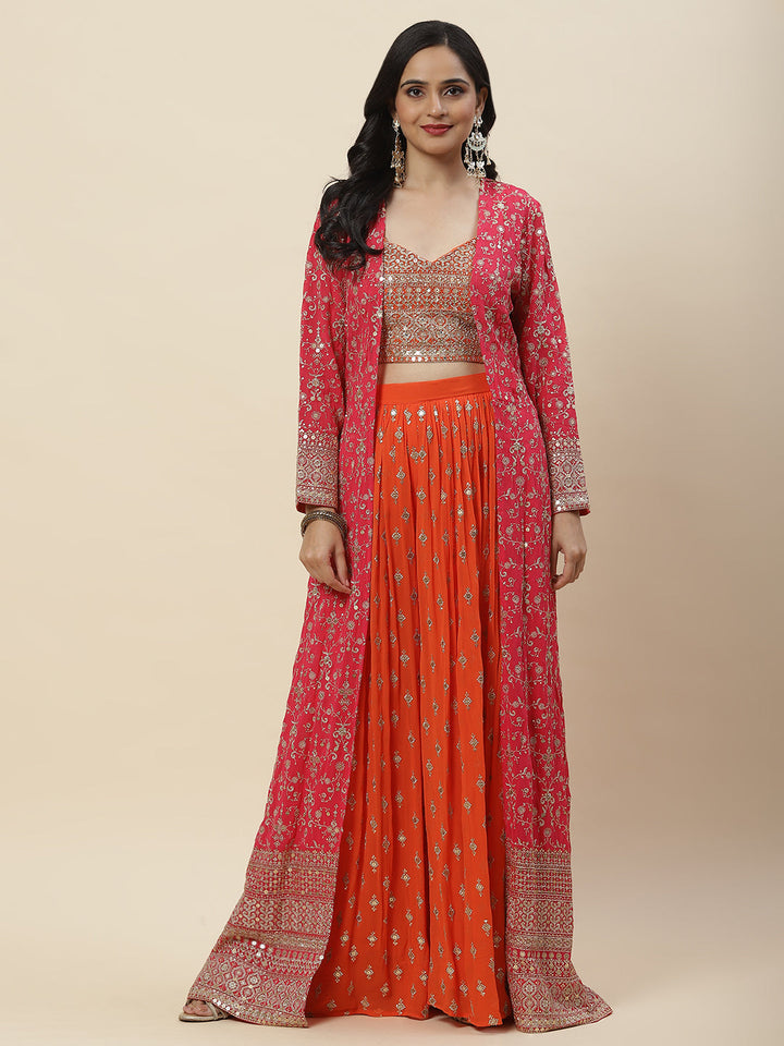 Zari Sequin Embroidered Georgette Crop Top With Palazzo &amp; Jacket
