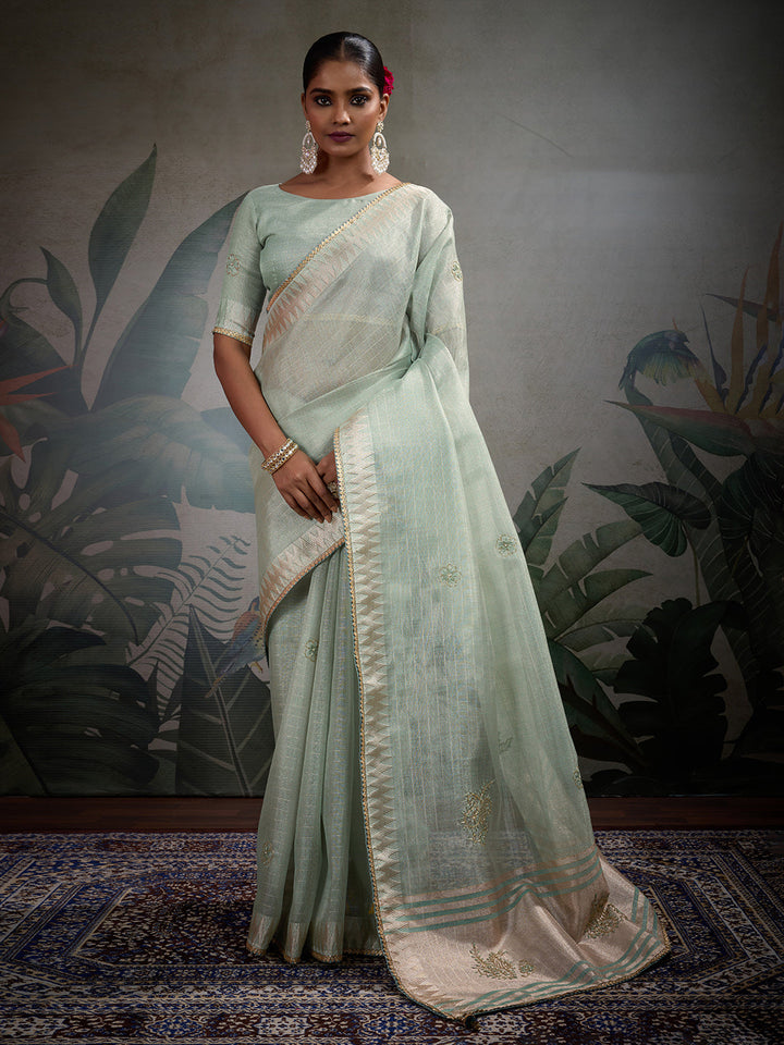 Thread Embroidered Woven Border Linen Saree