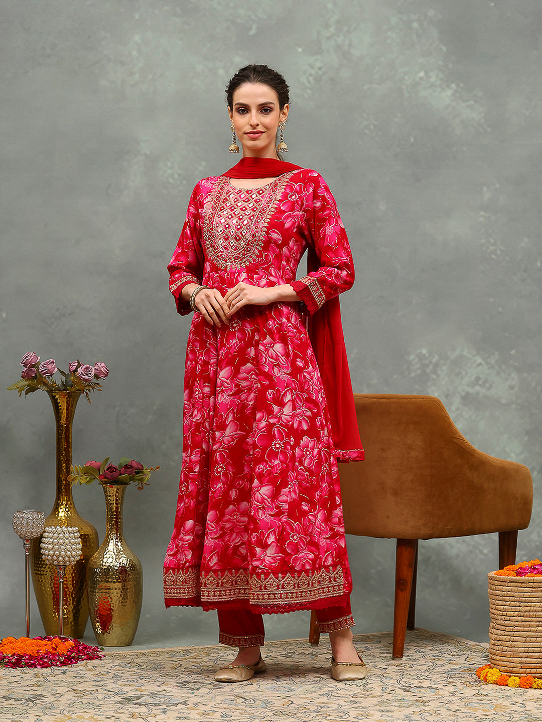Embroidered Cotton Kurta With Pants &amp; Dupatta