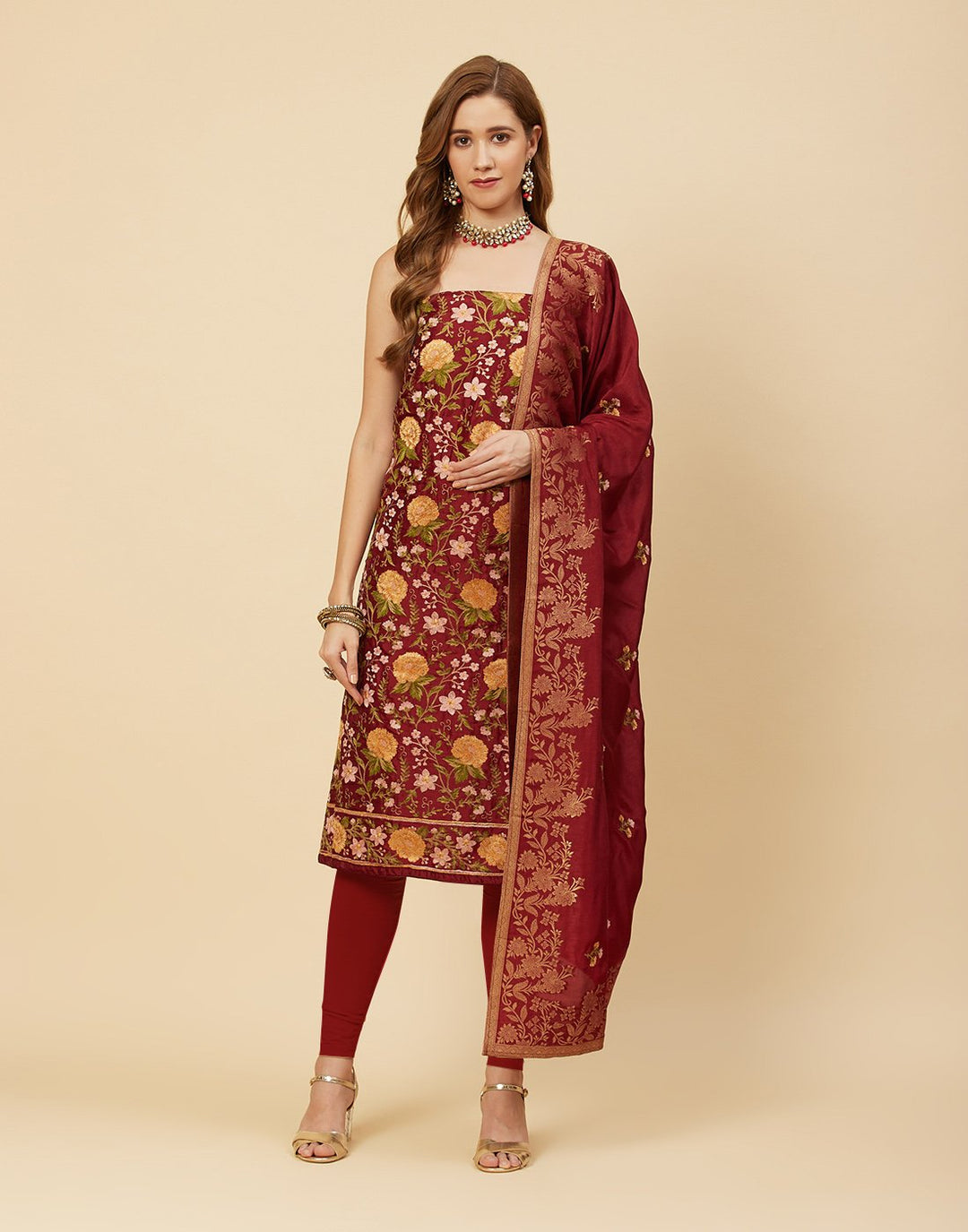 Embroidered Art Handloom Dupion Suit Piece With Banarasi Dupatta