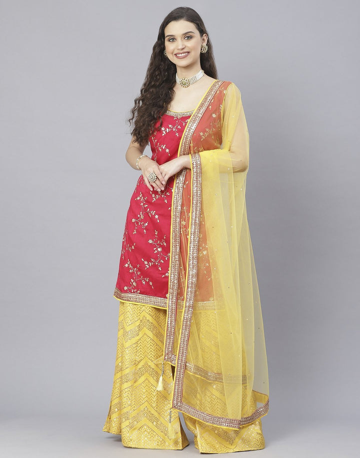 Mustard and Rani Handloom Dupion Salwar Kameez