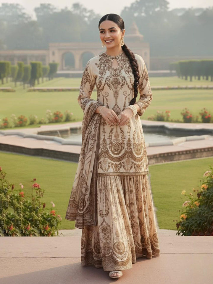 Embroidered Muslin Kurta With Gharara &amp; Dupatta