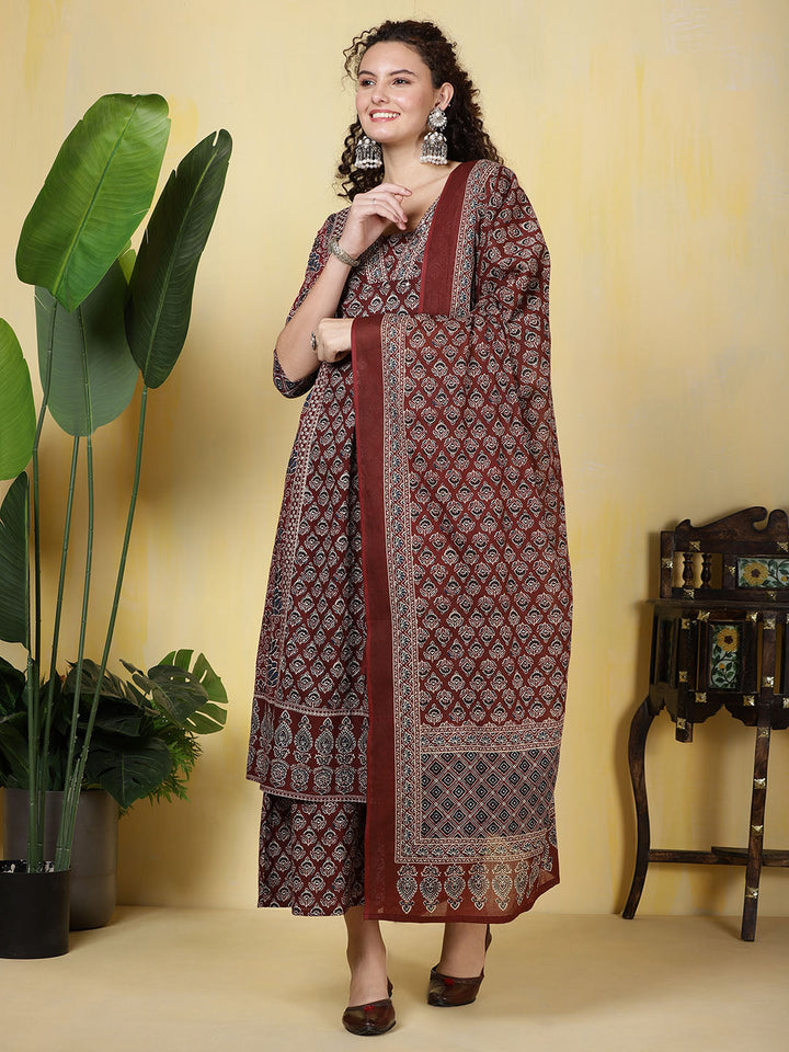 Printed Cotton Blend Kurta With Pants &amp; Dupatta