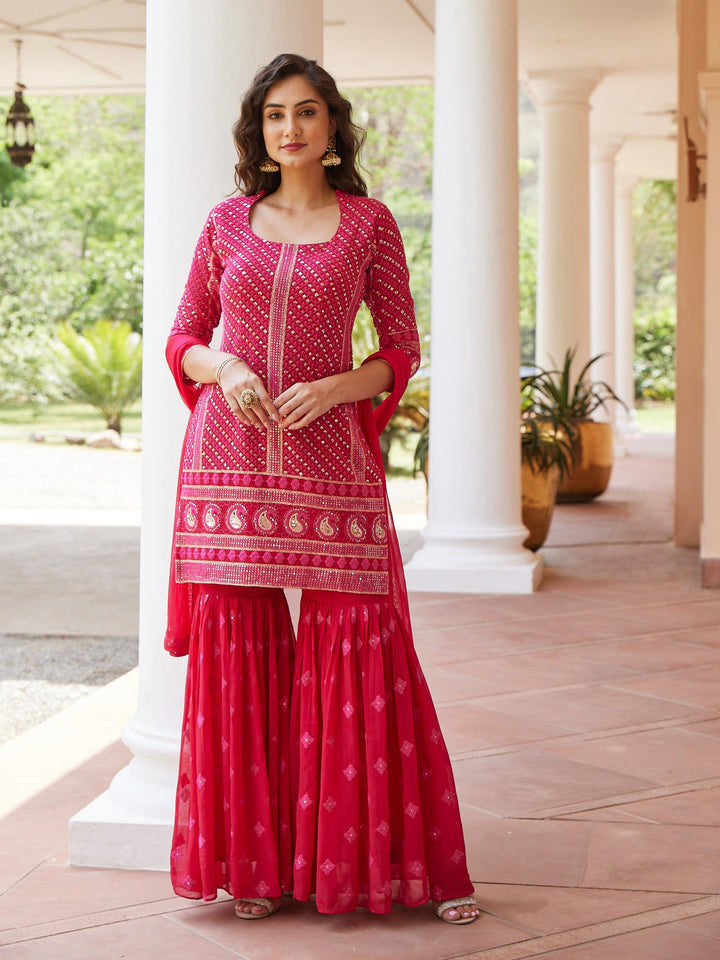 Sequin Georgette Kurti With Sharara &amp; Net Dupatta