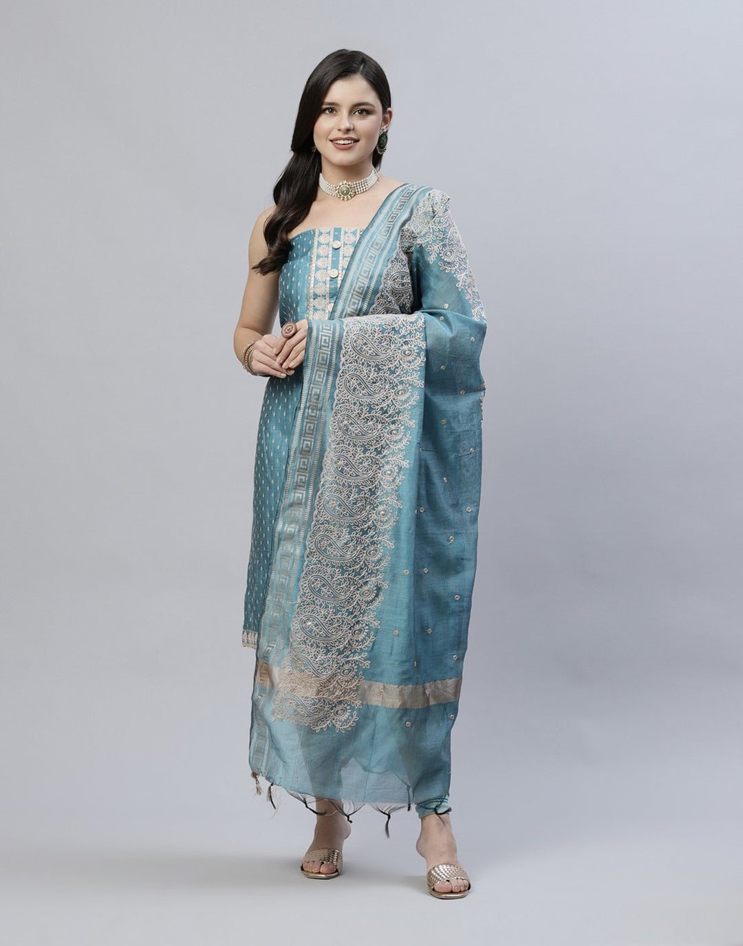 Printed Chanderi Suit Piece With Embroidered Yoke And Dupatta