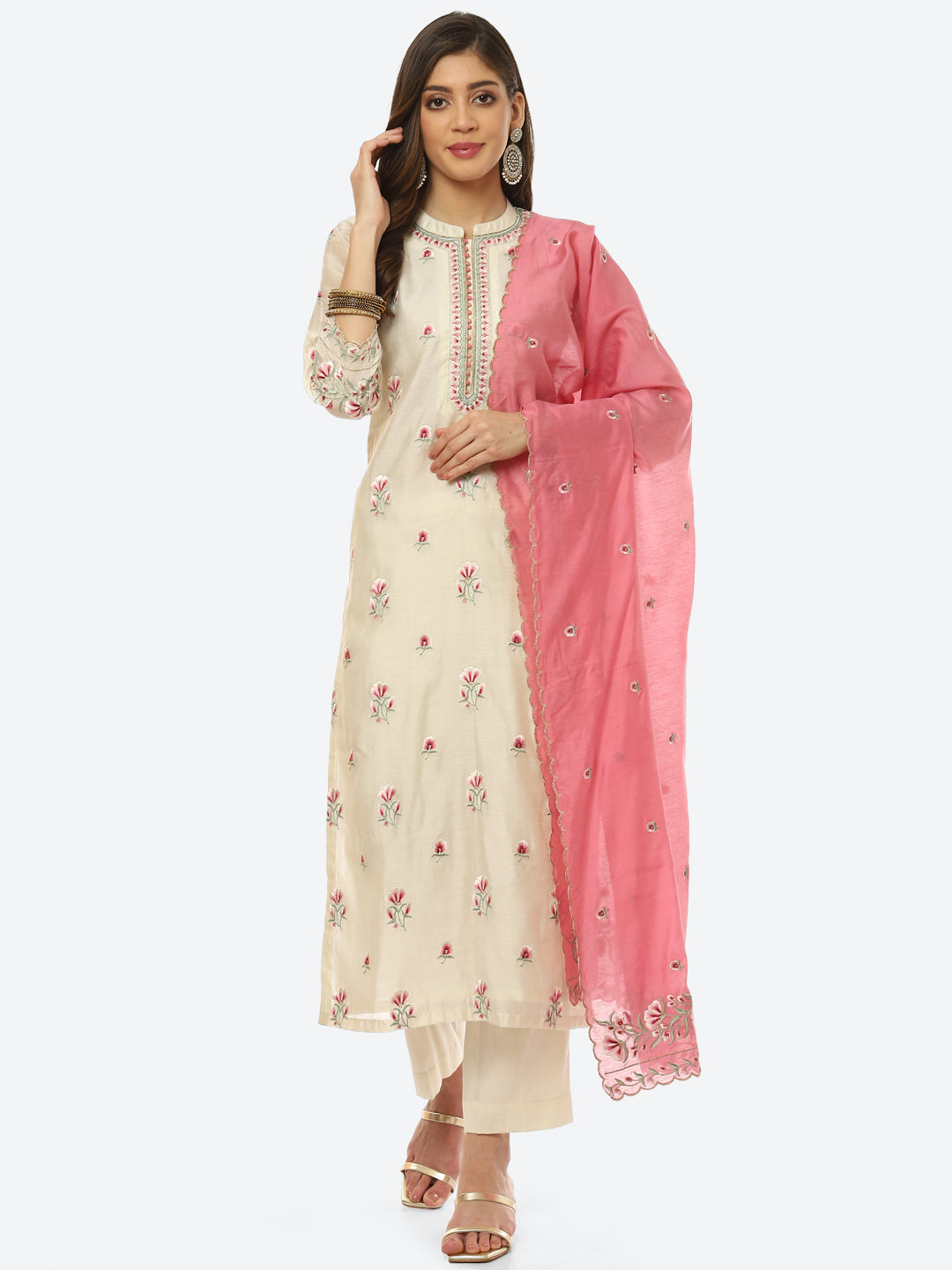 Resham Booti Cotton Kurta With Pant &amp; Dupatta