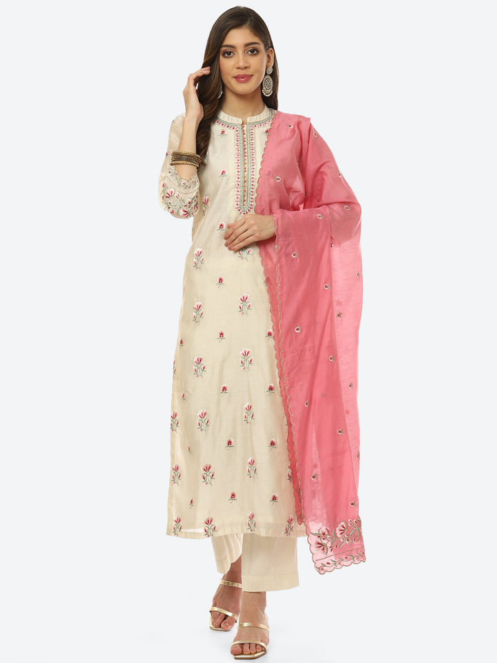 Resham Booti Cotton Kurta With Pant &amp; Dupatta