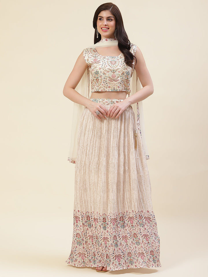Floral Printed Crepe Choli With Lehenga &amp; Dupatta