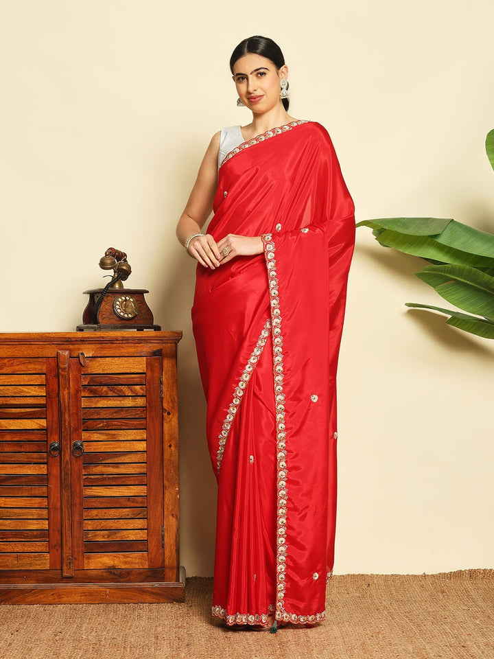 Sequin &amp; Cut Work Embroidered Crepe Saree