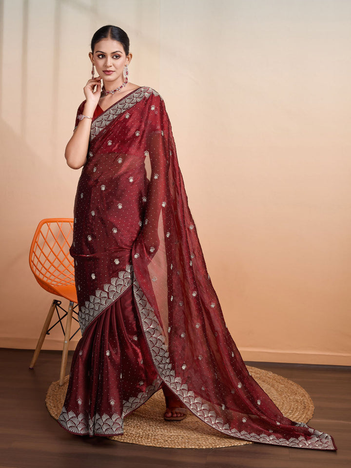 Stone Embroidery Organza Handloom Saree