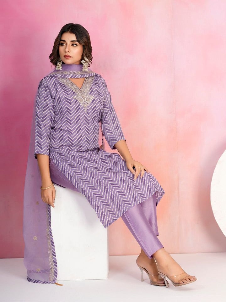 Printed Cotton Blend Kurta With Pants &amp; Dupatta