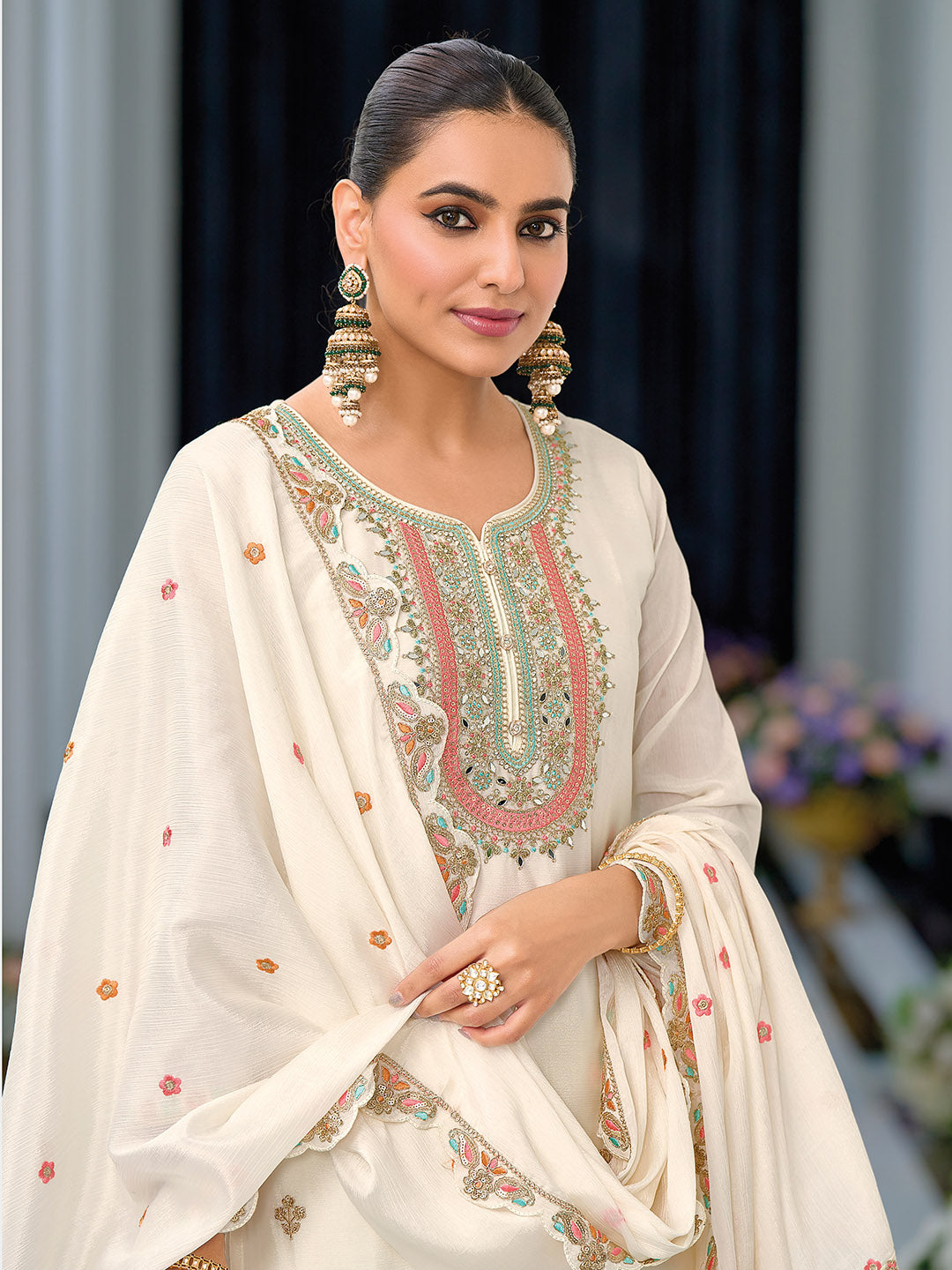 Neck Embroidery Art Silk Kurta With Sharara And Dupatta