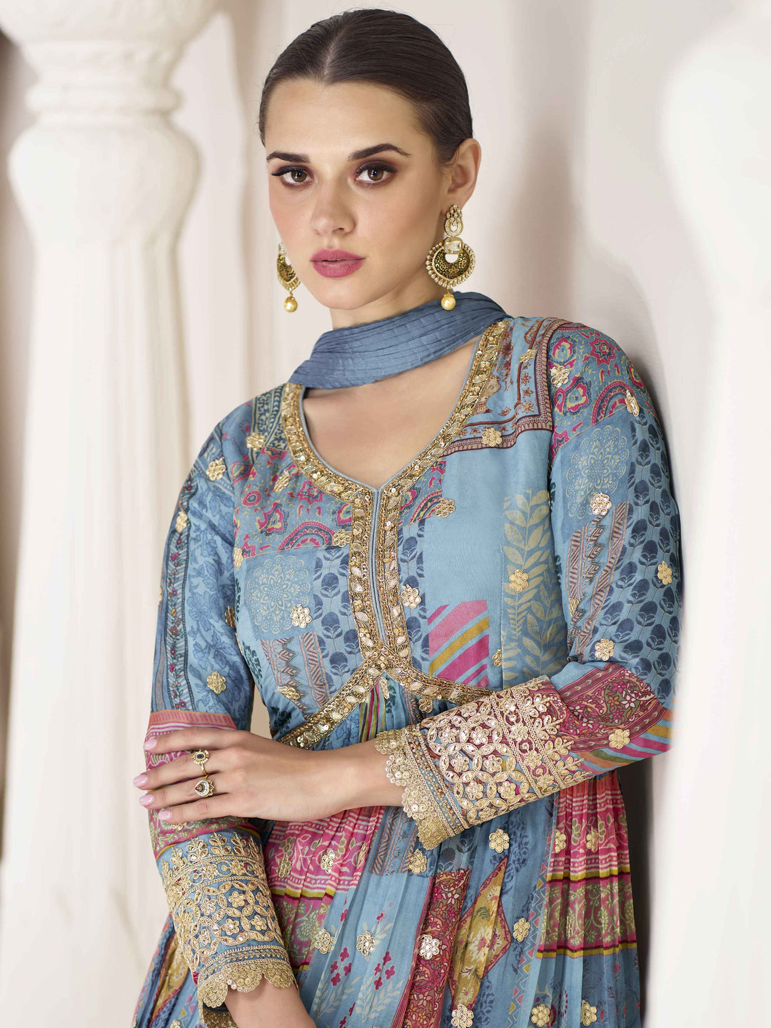 Blue Floral Printed Organza Anarkali Suit Set With Dupatta