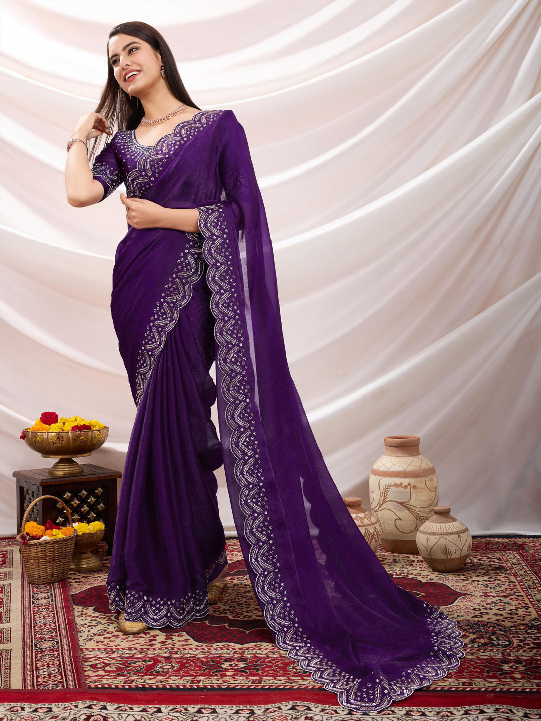 Embroidered Satin Velvet Saree