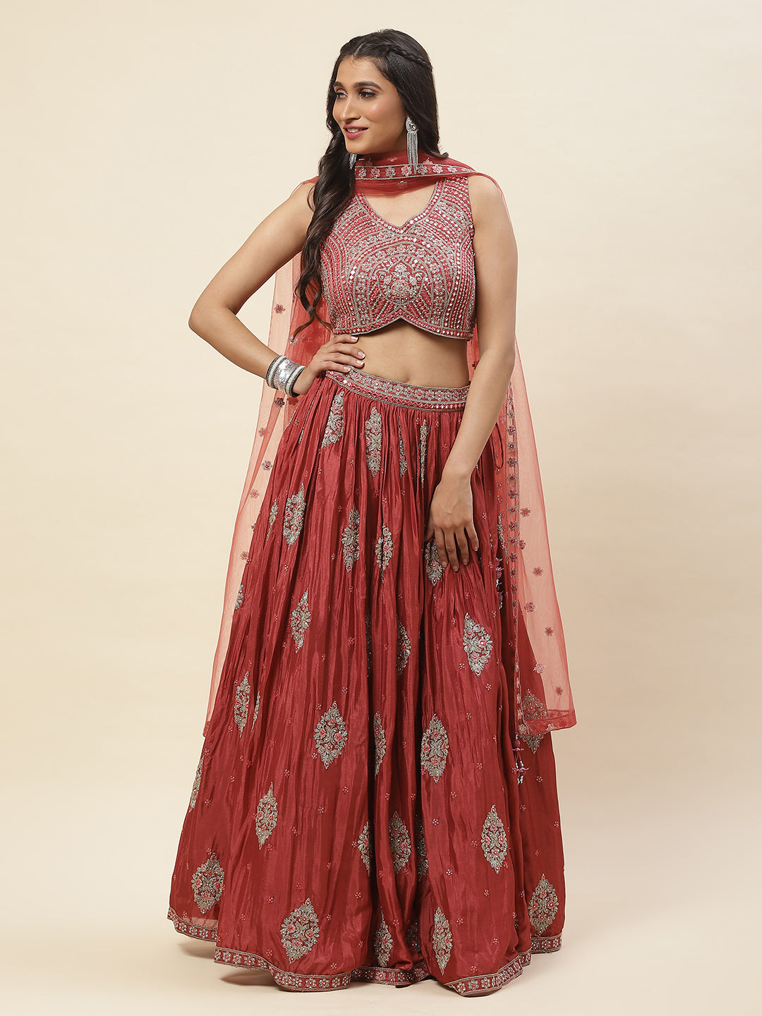 All Over Embroidered Crepe Choli With Lehenga &amp; Dupatta