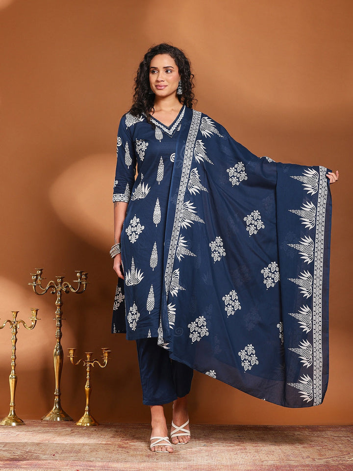 Printed Cotton Blend Kurta With Pant &amp; Dupatta