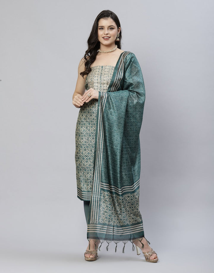 Printed Chanderi Suit Piece With Embroidered Yoke