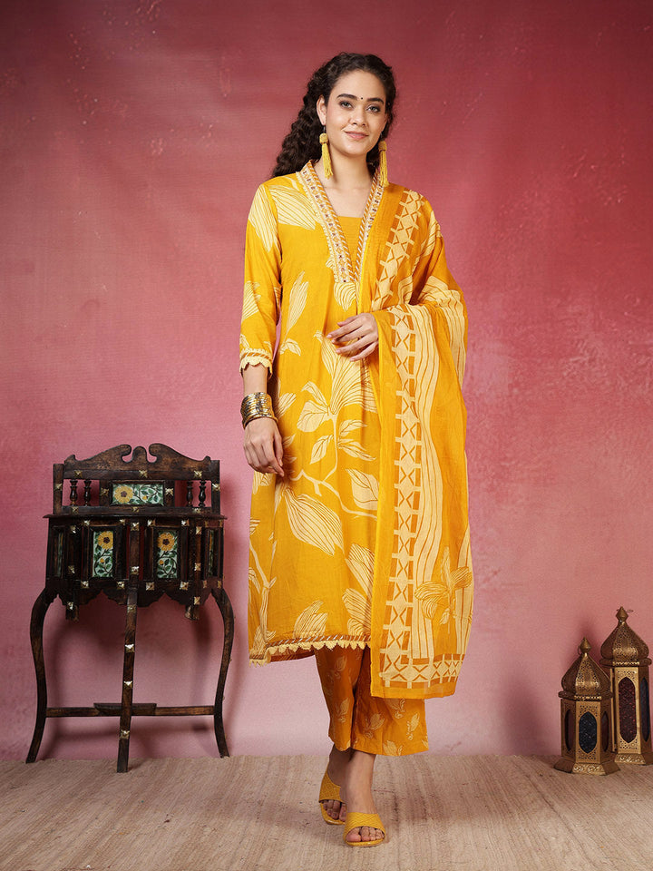 Printed Cotton Blend Kurta With Pant &amp; Dupatta