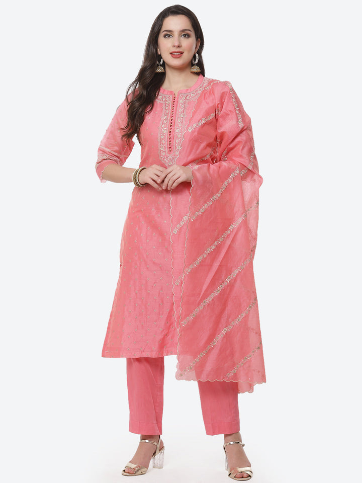Resham Jaal Cotton Chanderi Stitched Salwar Kameez With Embroidered Dupatta