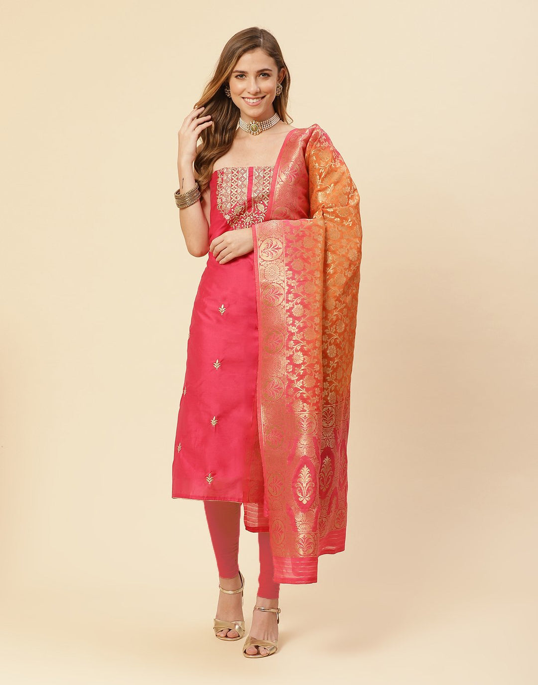 Embroidered Chanderi Suit Piece With Chanderi Banarasi Dupatta