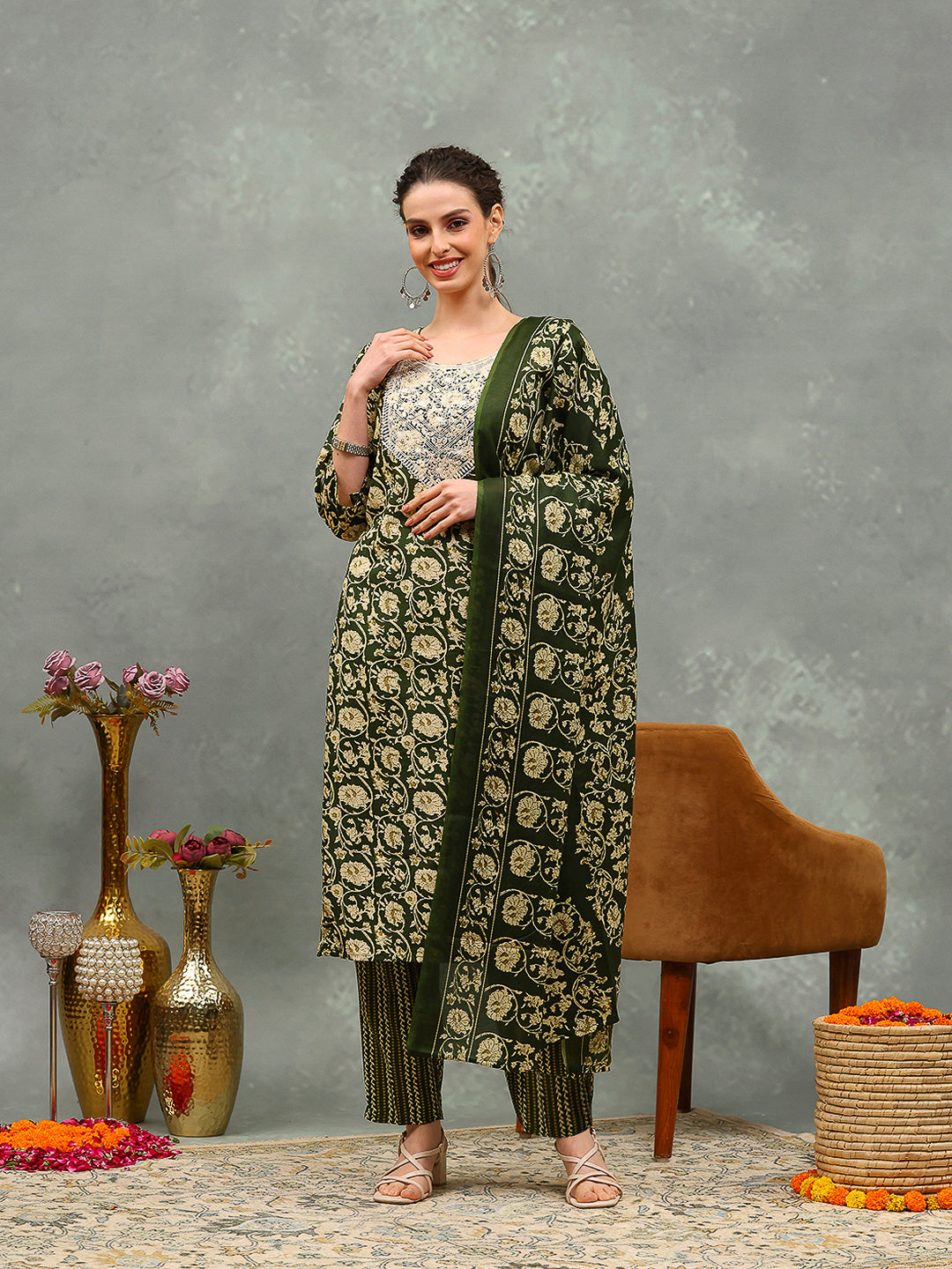 Printed Cotton Blend Kurta With Pants &amp; Dupatta