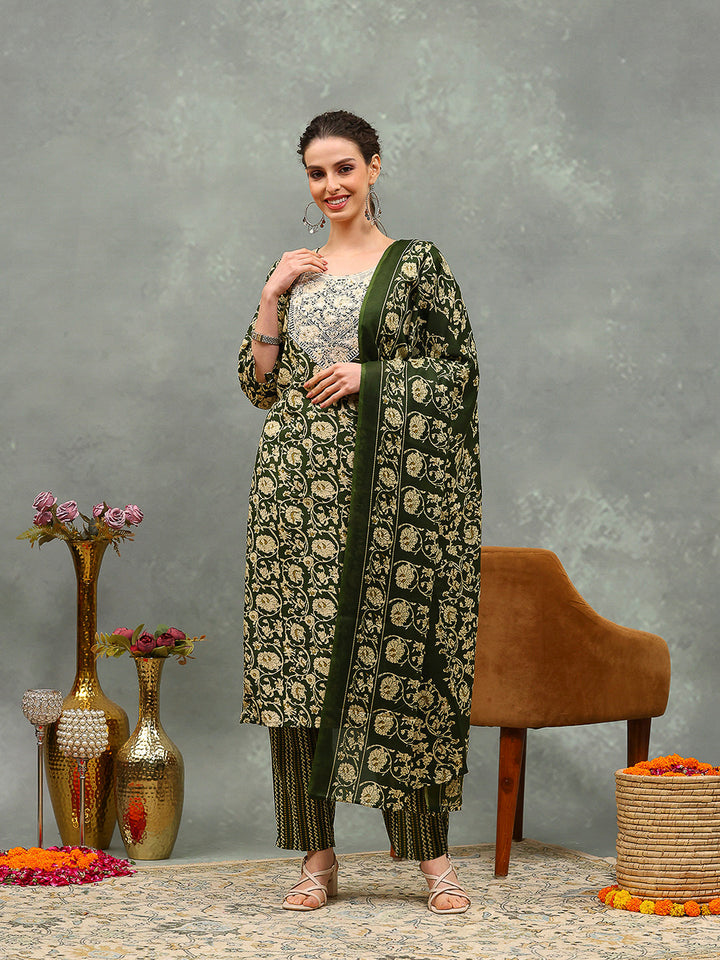 Printed Cotton Blend Kurta With Pants &amp; Dupatta