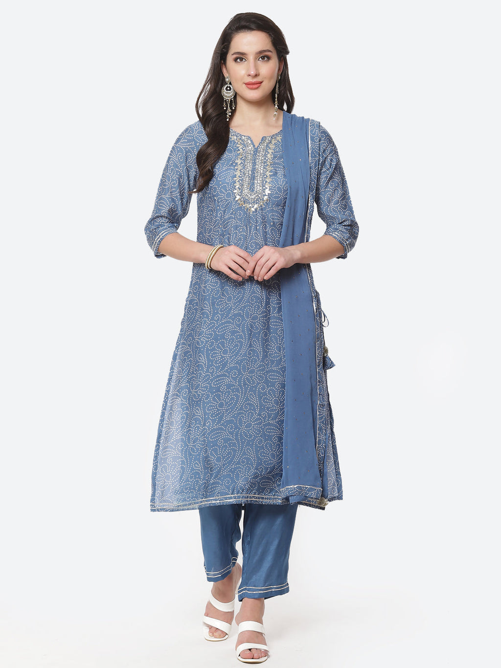 Bandhani Printed Cotton Muslin Stitched Salwar Kameez With Chiffon Dupatta