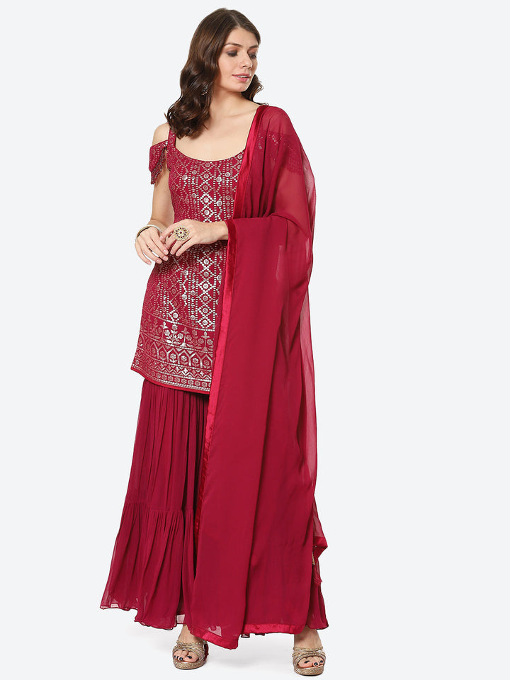 Sequin Georgette Kurti With Palazzo &amp; Georgette Dupatta