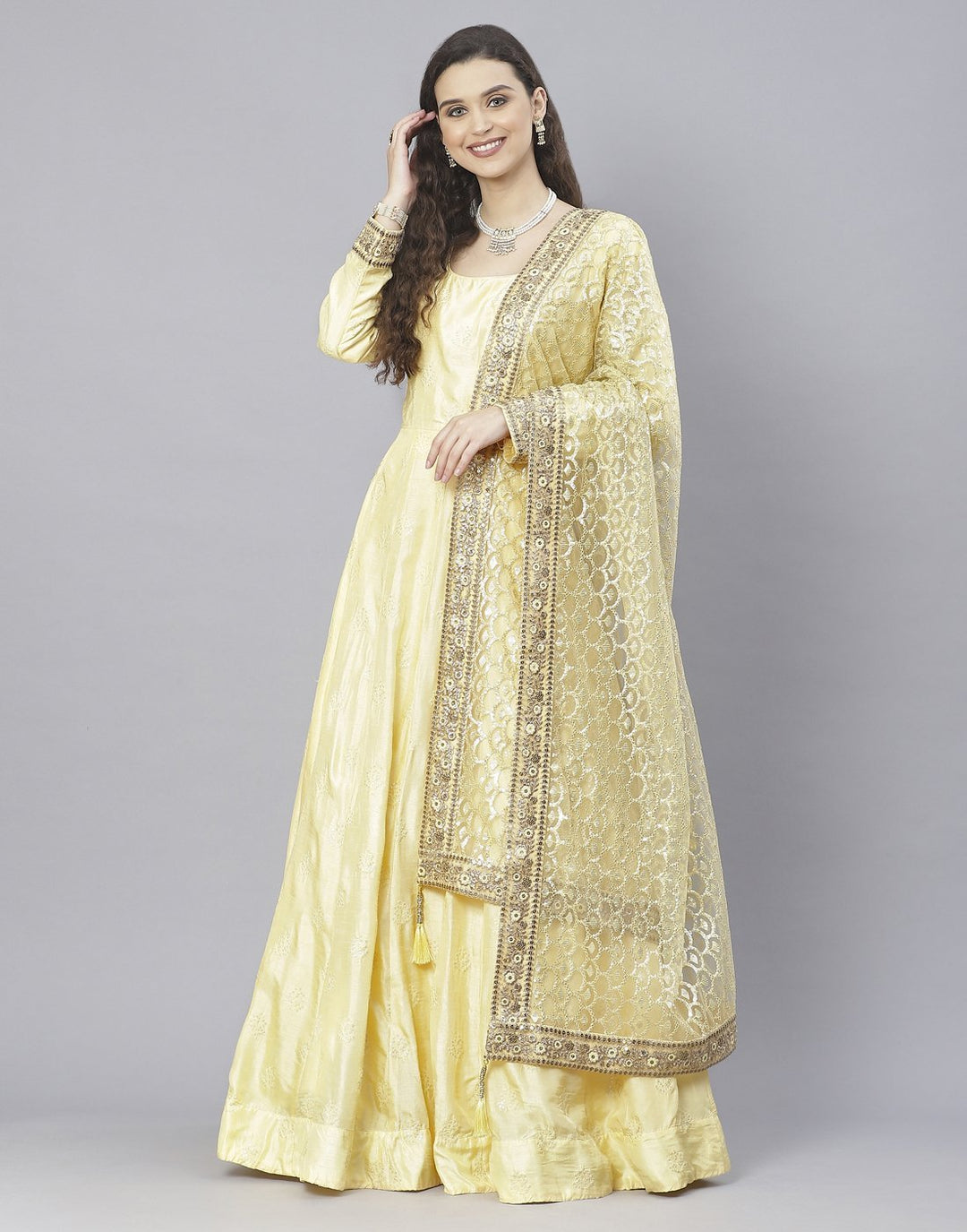 Peach, Sky Blue and Yellow Cotton Chanderi Anarkali Salwar Kameez