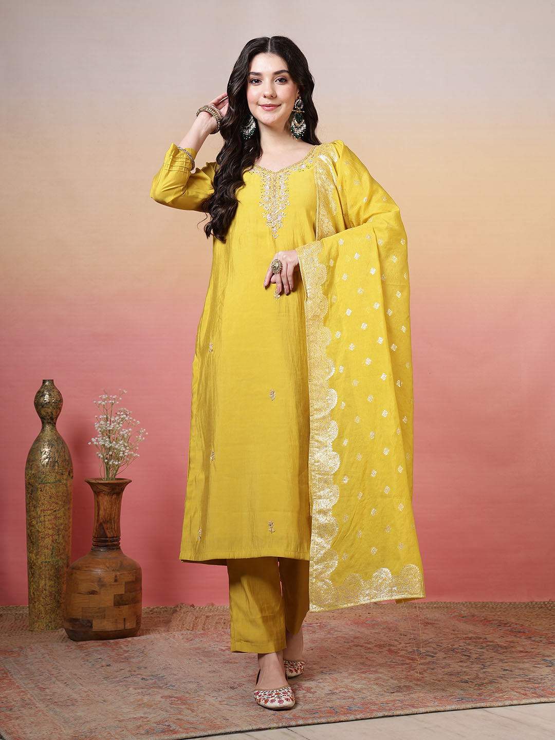 Embroidered Muslin Kurta With Pants &amp; Dupatta