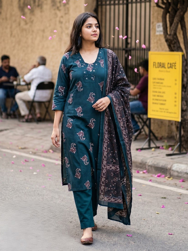 Neck Embroidered Cotton Blend Kurta With Pant &amp; Dupatta