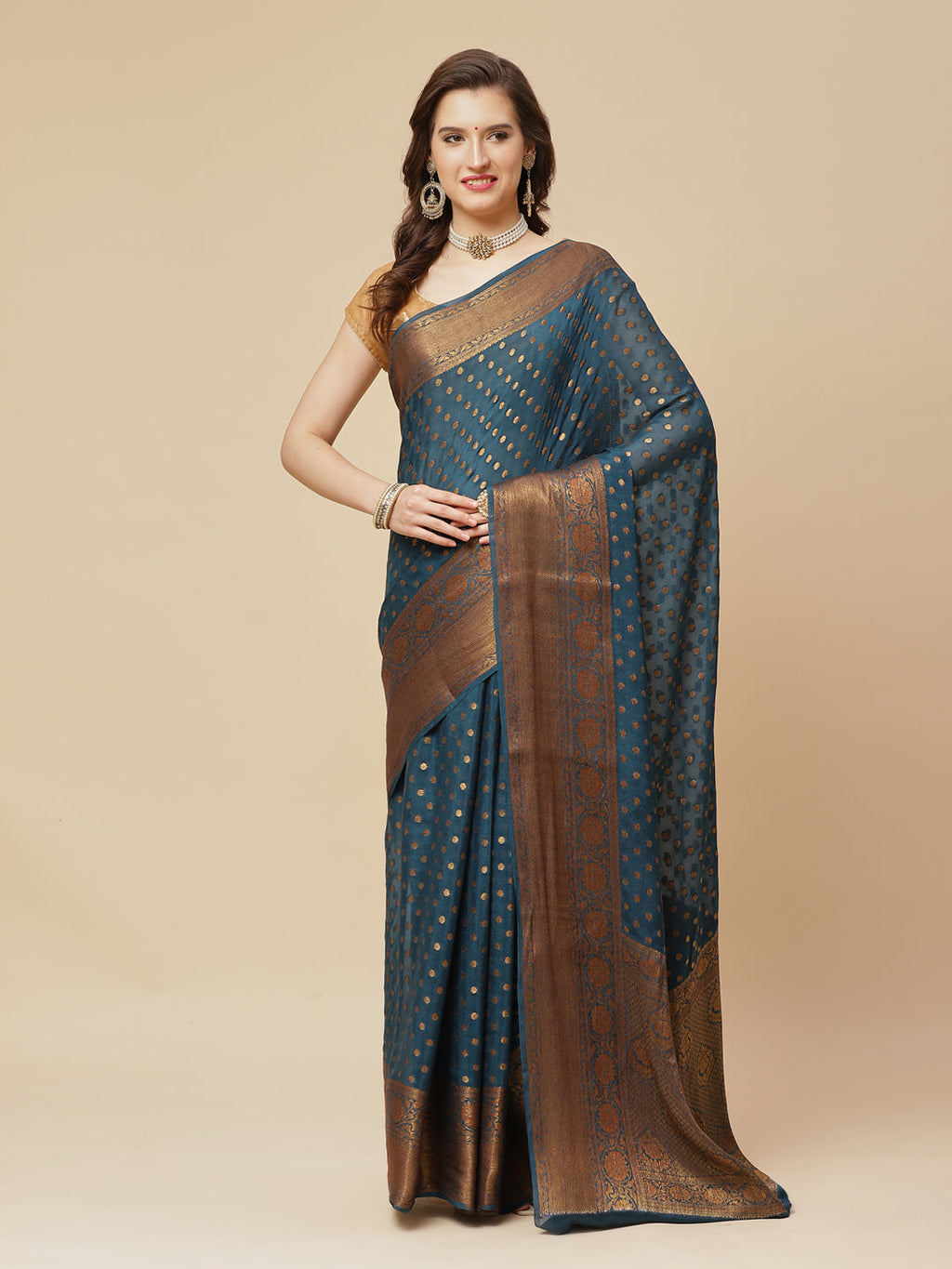 Antique Booti Chiffon Plain Saree