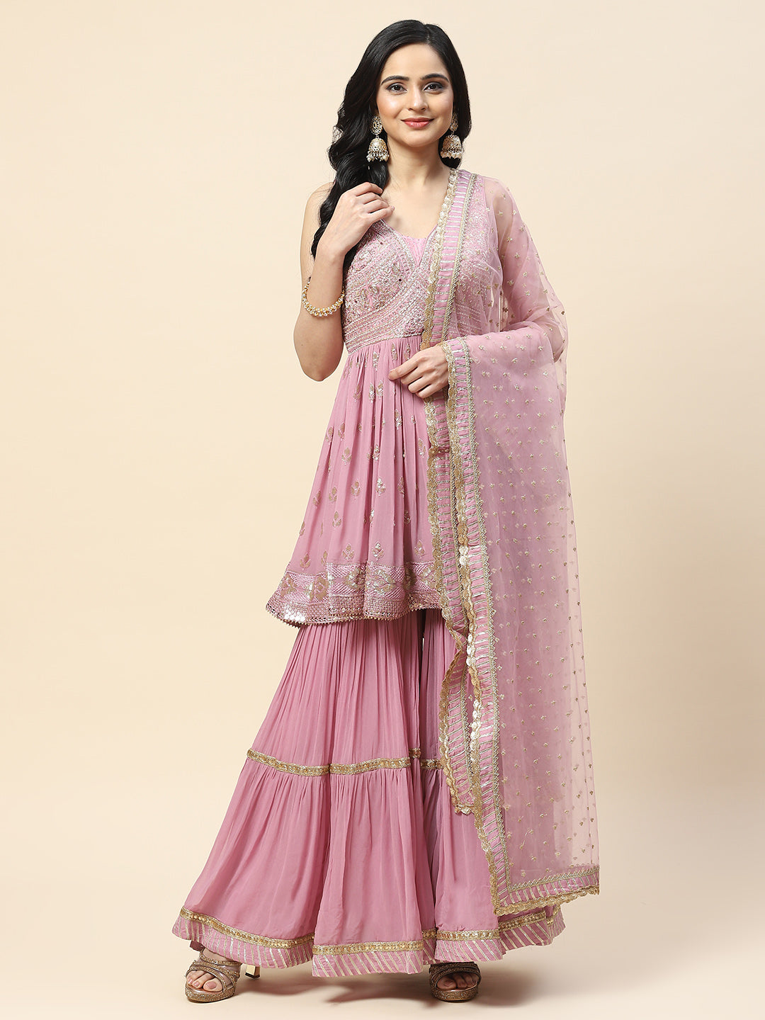 Resham Sequin Embroidered Georgette Kurta With Palazzo &amp; Dupatta