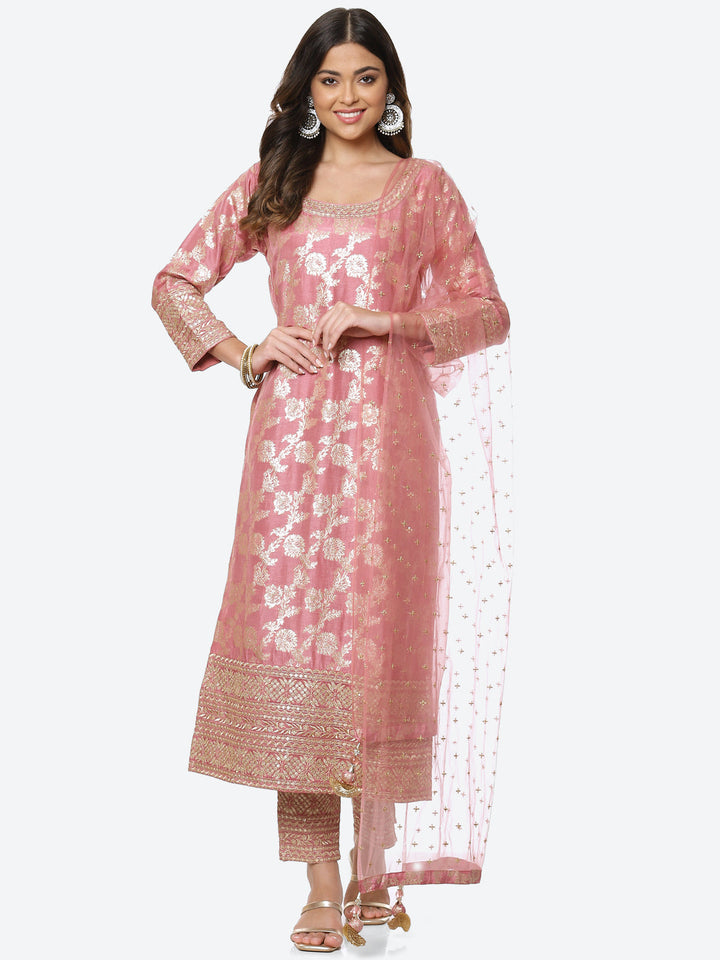Gota Border Ghera Embroidered Handloom Kurta With Palazzo &amp; Dupatta